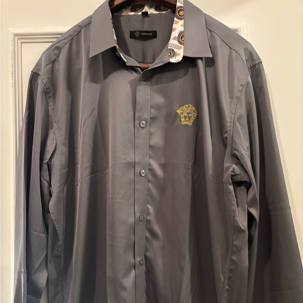 Versace Gray Long-Sleeve Dress Shirt with Gold Medusa Crest